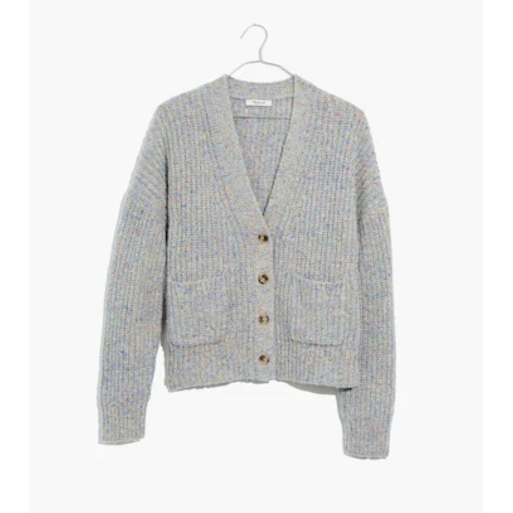 Madewell Ribbed Knit Cardigan Sweater Women Large Gray Rainbow Sprinkle Wool Sil